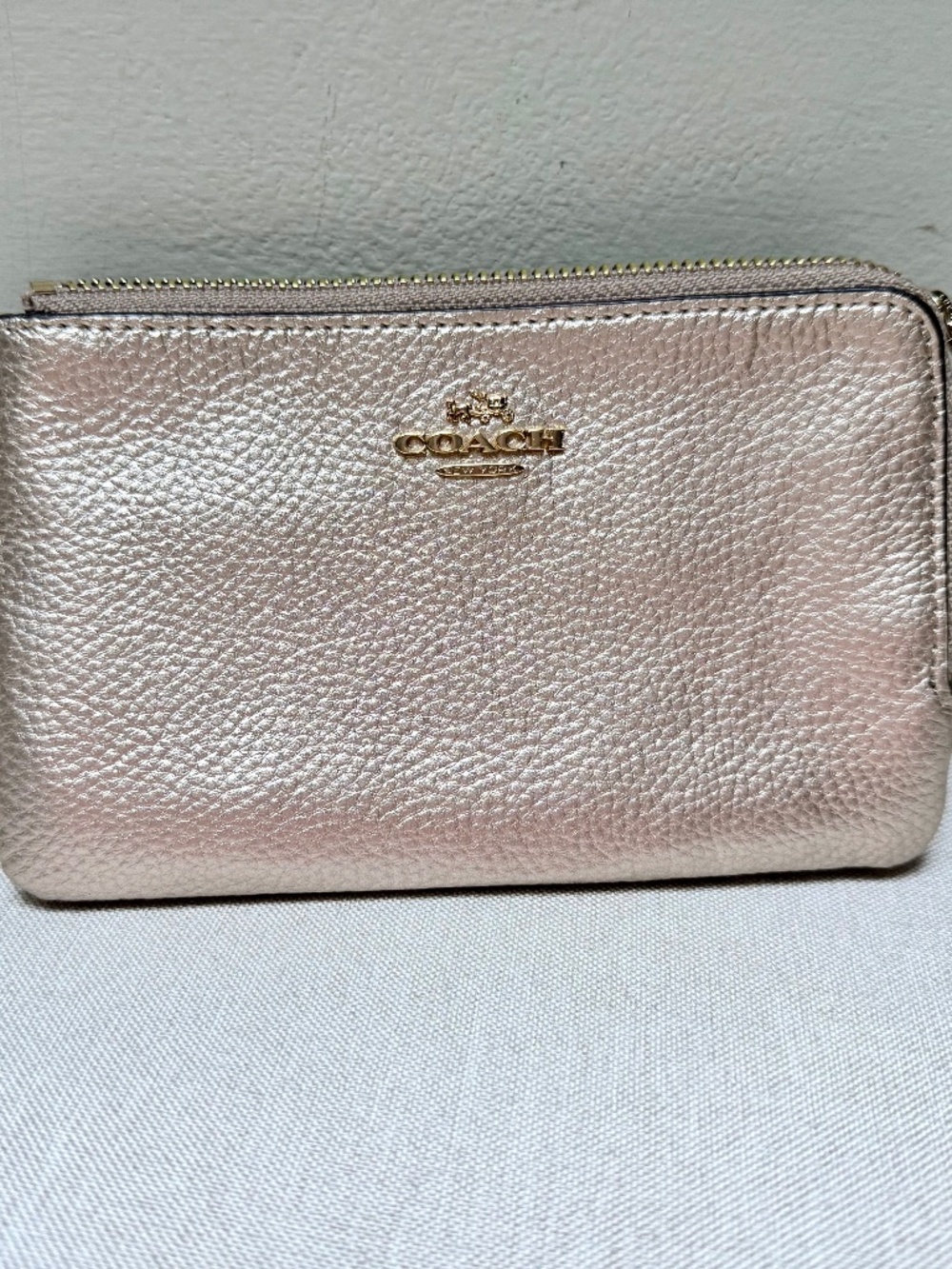Coach Double Zip Wristlet Metallic Rose Gold